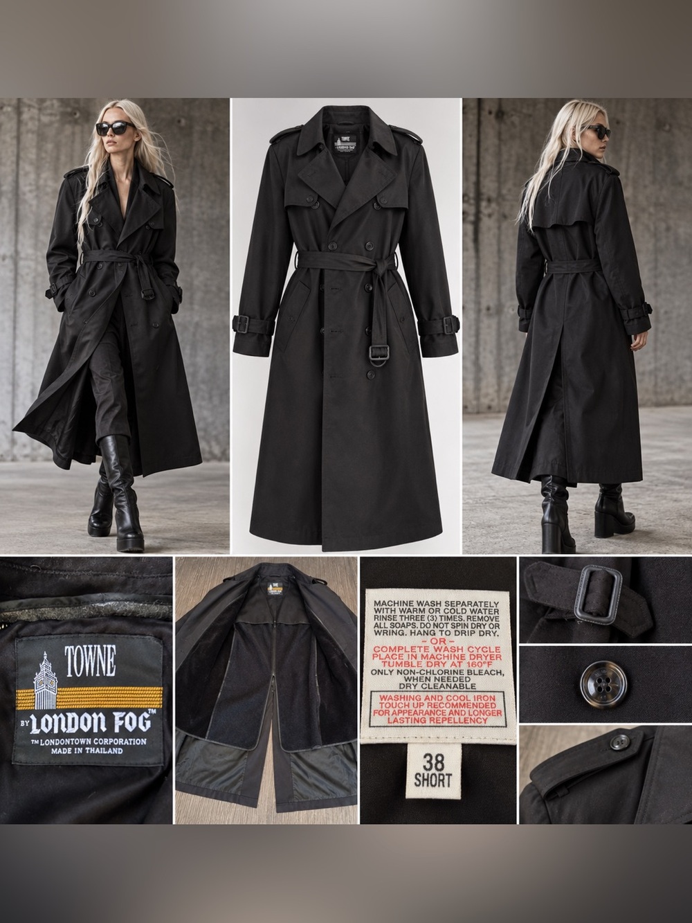 Vintage London Fog Towne Black Trench Coat 38 Short Belted Zip Out Liner